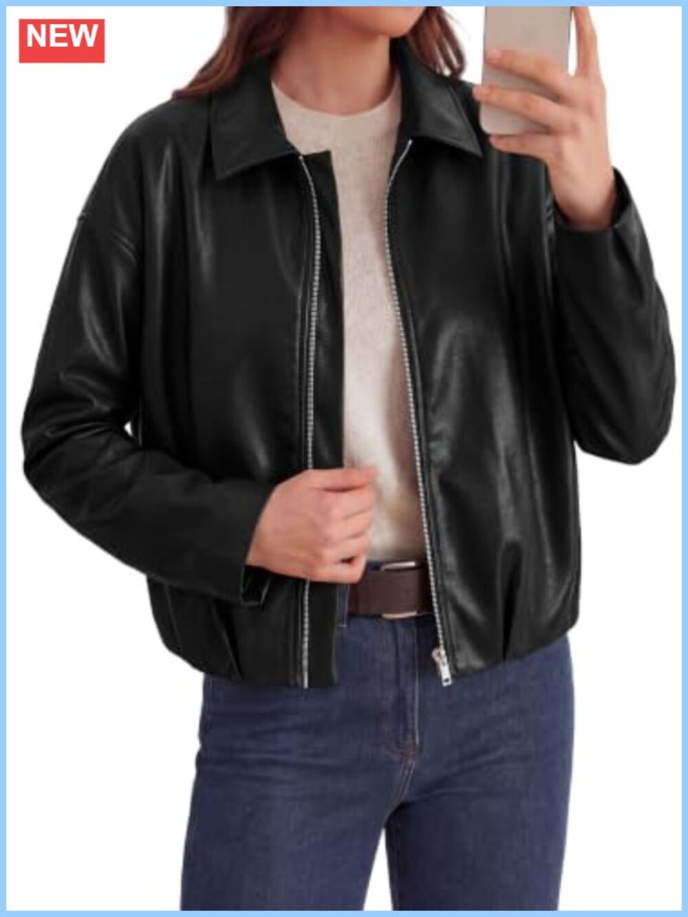Faux Leather Motorcycle Jacket Women Zip Up Moto Coat